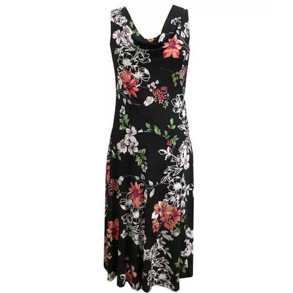 Signature by Robbie Bee Midi Dress Sz M Dark Floral Cowl Neck Sleeveless Stretch - Picture 1 of 11